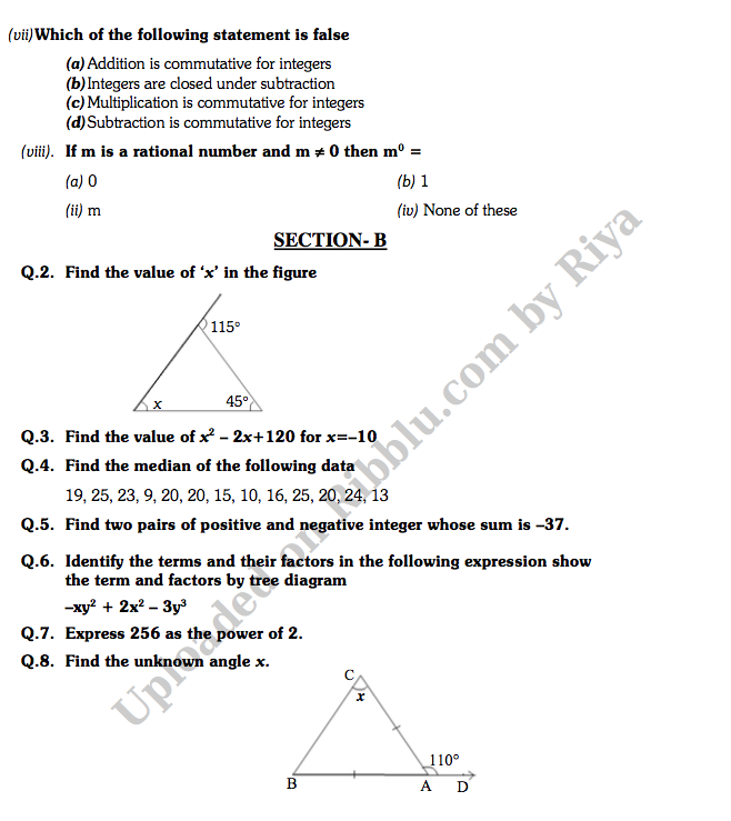 CBSE Class 7 Maths Question Papers PDF