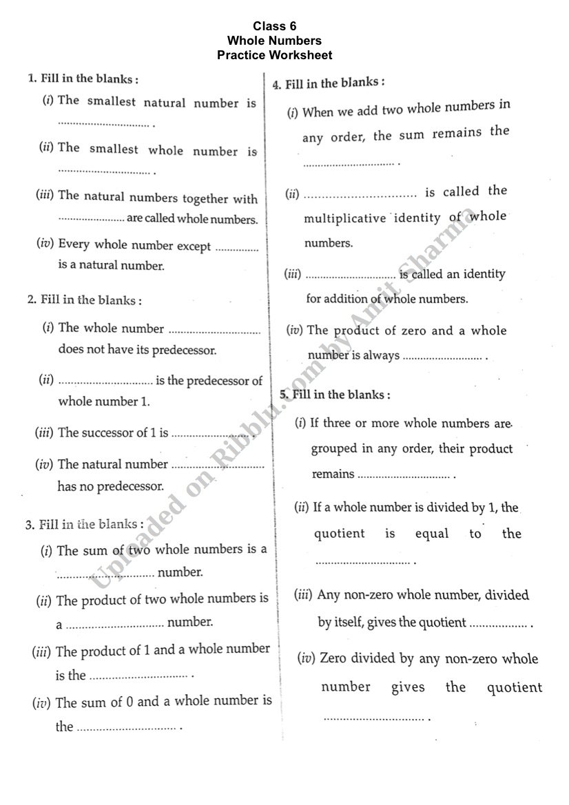 CBSE Class 6 Maths Worksheets Free Printable