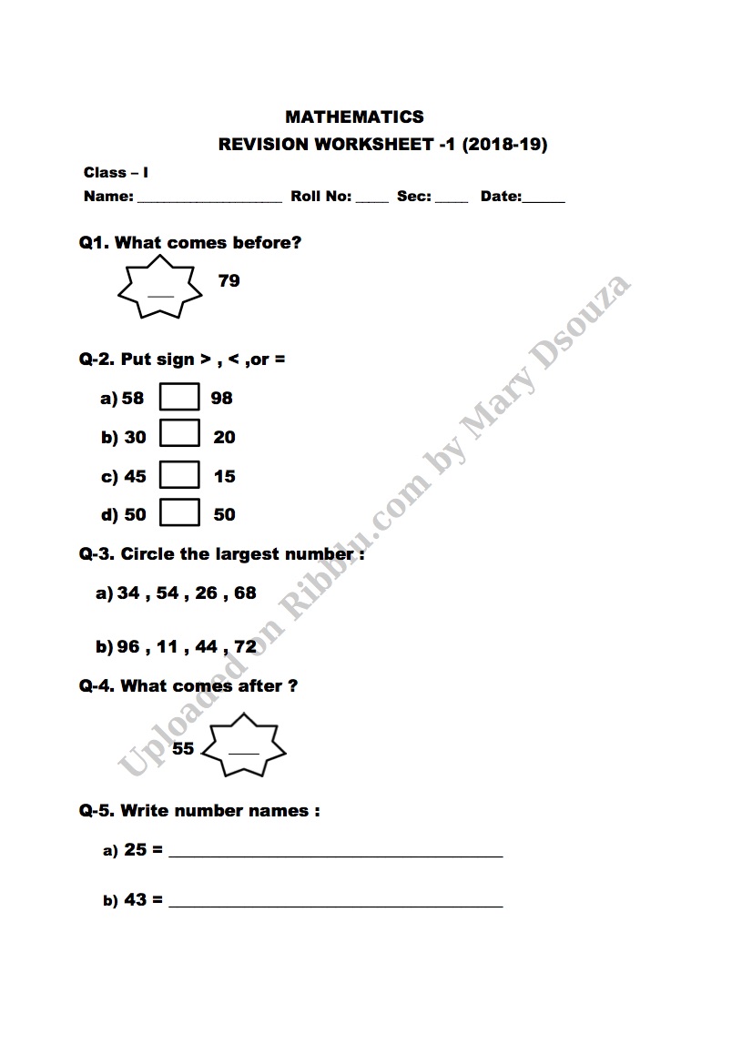 Cbse Ncert Class 1 Maths Worksheets 2166