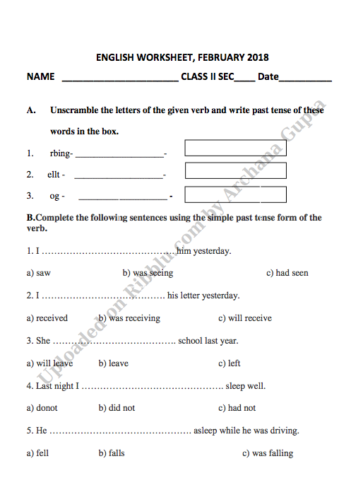 english grammar sample papers for class 2