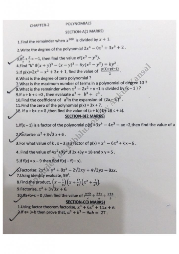 Class 9 Important Questions for Maths - Polynomials