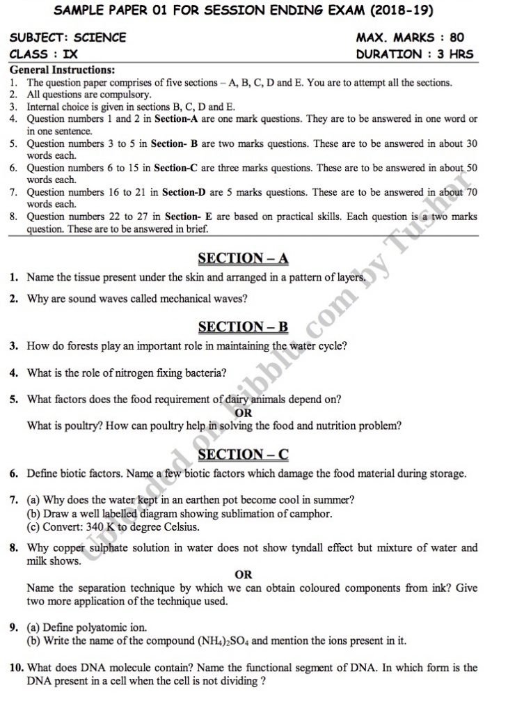 CBSE Class 9 Science Sample Paper for Free Download
