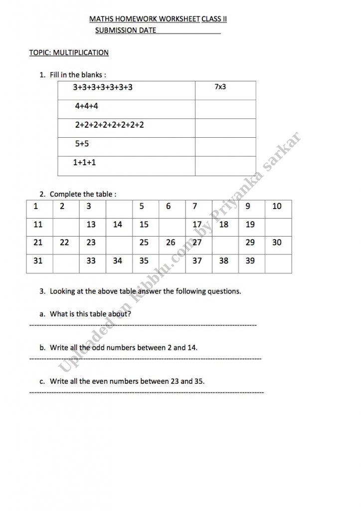 Class 2 Maths Worksheets for year 2021-22