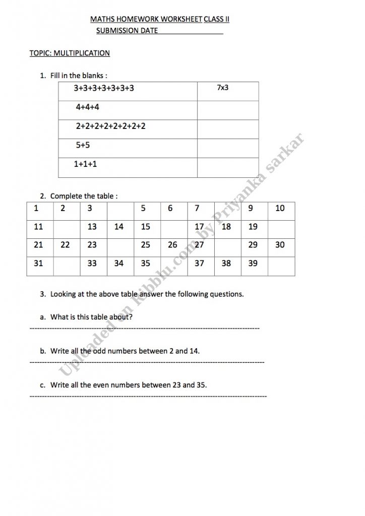 Class 2 Maths Worksheets for year 2021-22