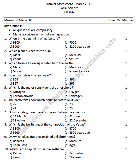 Social Science Quiz For Class 6 7 8 With Answer