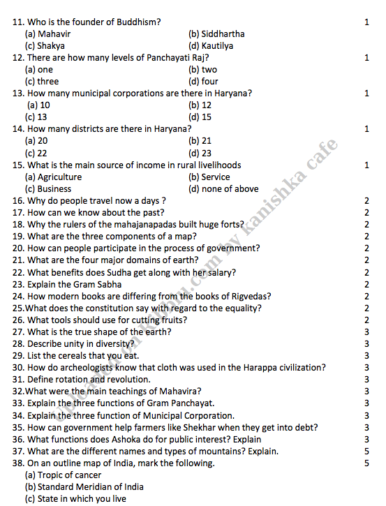 CBSE Class 6 Social Science Question Papers