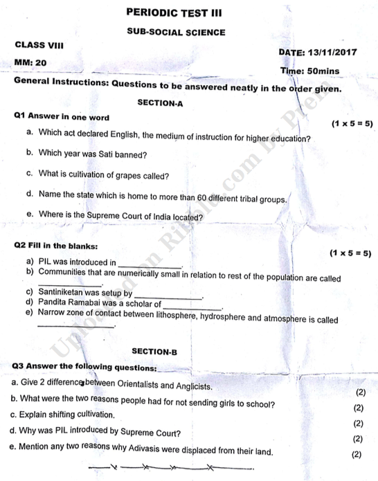 CBSE Class 8 Social Science Question Papers For 2021 22