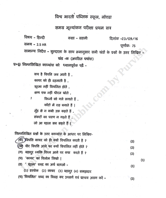 CBSE Class 7 Hindi Question Paper for Practice