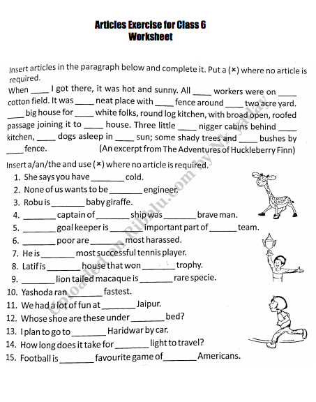 Grade 6 articles English grammar worksheets with explanation