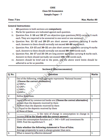 CBSE Class 12 Economics Sample Papers for Exam 2021-22