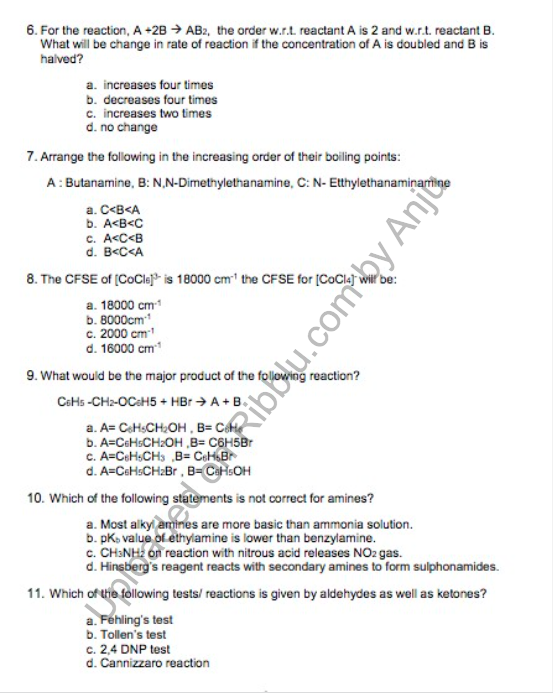 Chemistry MCQ Questions for Class 12 with answers