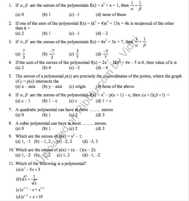 MCQ Questions for Class 10 Maths with Answers PDF