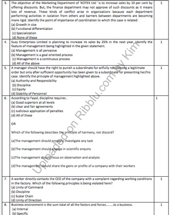 MCQ Questions for Class 12 Business Studies with Answers