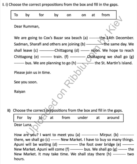 Prepositions Exercises For CBSE Class 7