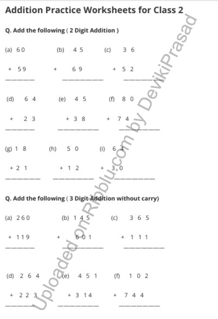 Addition Worksheets for CBSE Class 2 in PDF 