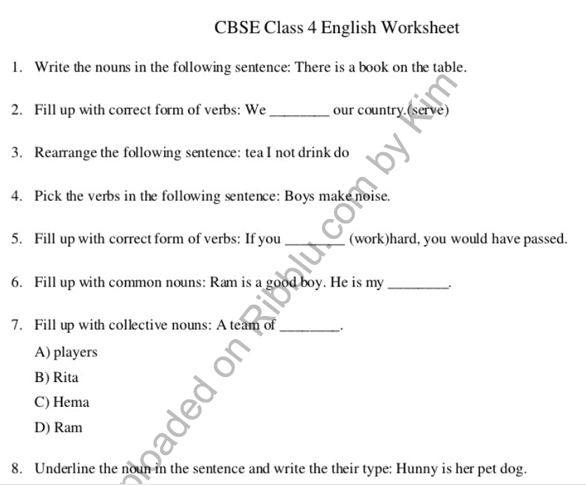 CBSE Class 4 English Grammar Worksheets in PDF Format