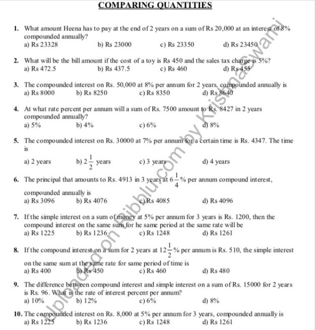 Comparing Quantities Worksheets for Class 8 in PDF