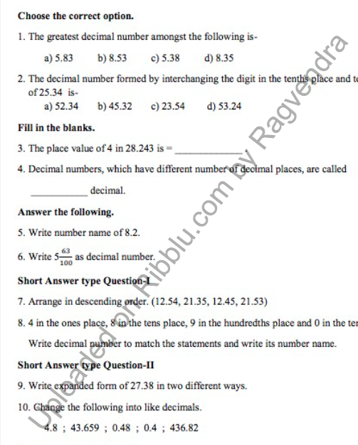 Decimal Worksheets for CBSE Class 4 in PDF