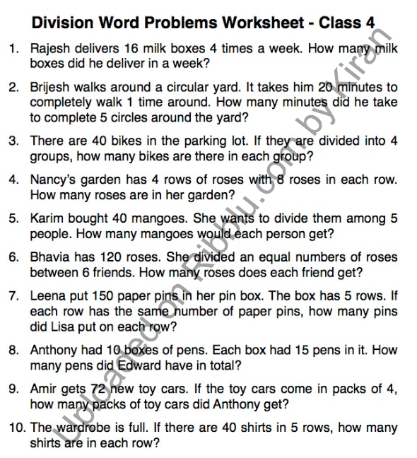 Division Word Problems Worksheet For Class 4