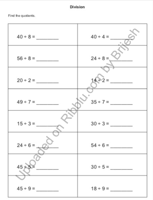 Division Worksheets For Class 3 