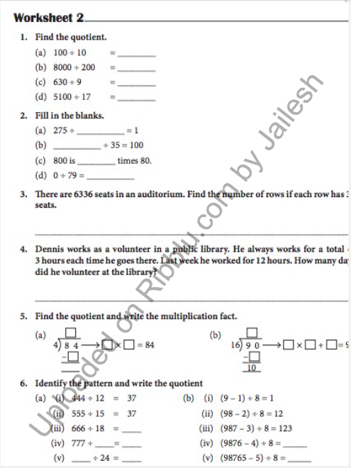 Division Worksheets for Class 4 in PDF