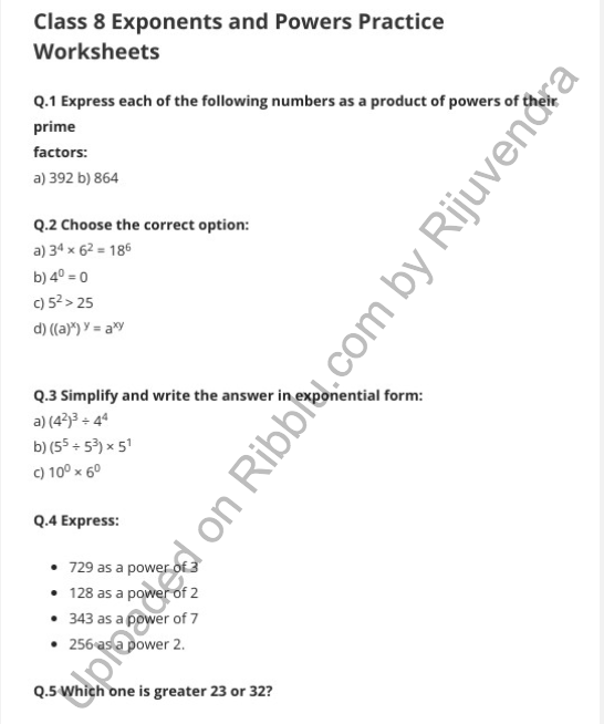 Exponents and Powers Worksheets for Class 8 in PDF