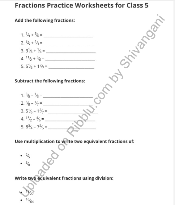 Fraction Worksheets for CBSE Class 5 in PDF