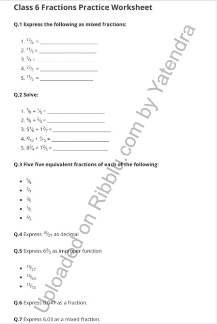 Fraction Worksheets for CBSE Class 6 in PDF
