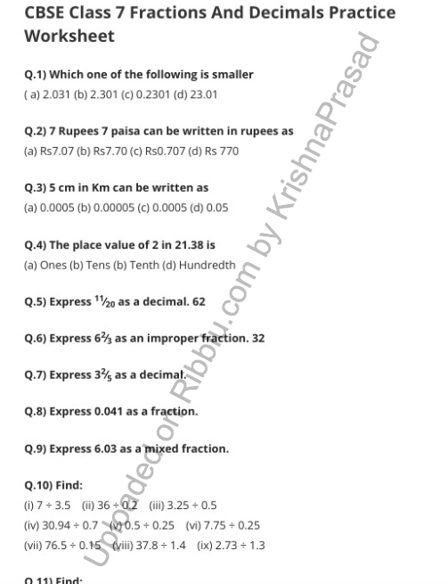 Fractions and Decimals Worksheets for CBSE Class 7 in PDF
