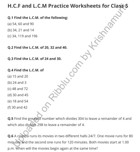 HCF and LCM worksheets for CBSE Class 5 in PDF 
