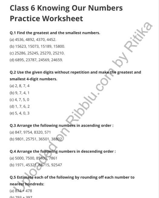 Knowing our numbers worksheets for CBSE Class 6 in PDF