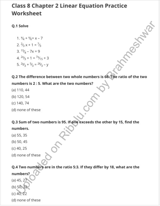 Maths Worksheet For Class 8 Linear Equations In One Variable Pdf