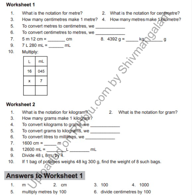 Measurement Worksheets for CBSE Class 4 in PDF 