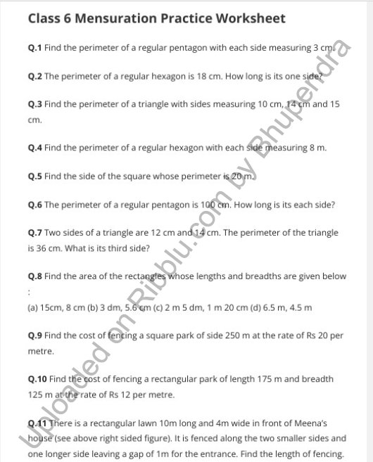 CBSE Class 6 Maths Mensuration Worksheets