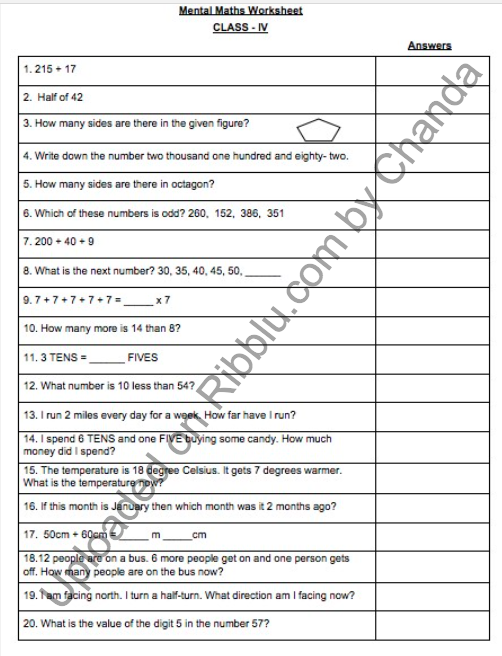 Mental Maths Worksheets for Class 4 in PDF