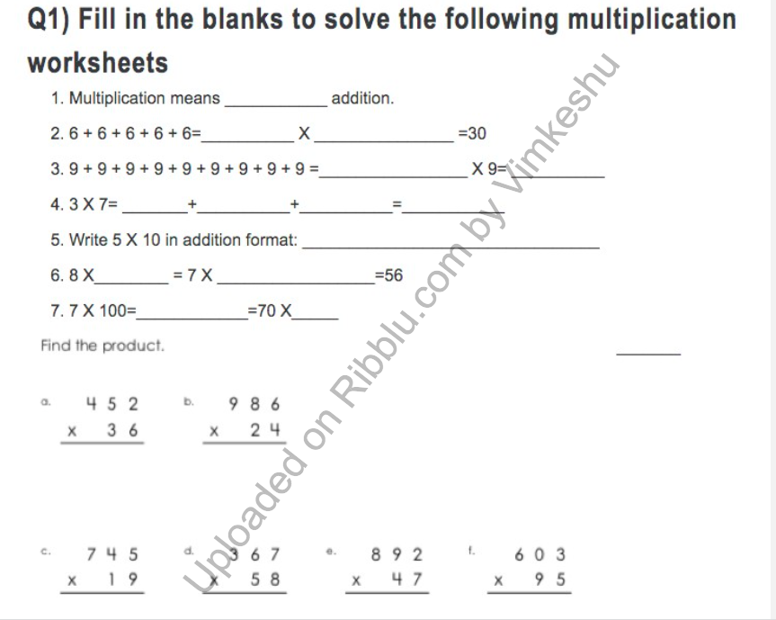 Multiplication Worksheets for Class 3 in PDF 