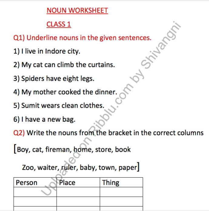 Noun Worksheets for CBSE Class 1 in PDF 