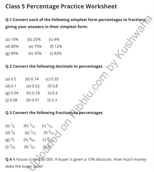 Percentage Worksheets for CBSE Class 5 in PDF