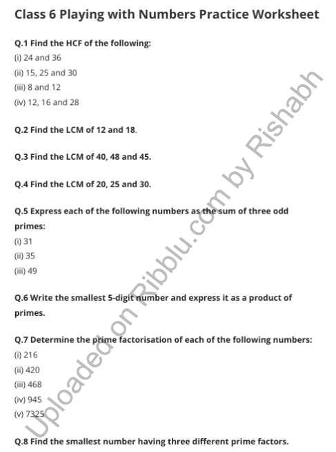 Playing with Numbers Worksheets for CBSE Class 6 in PDF