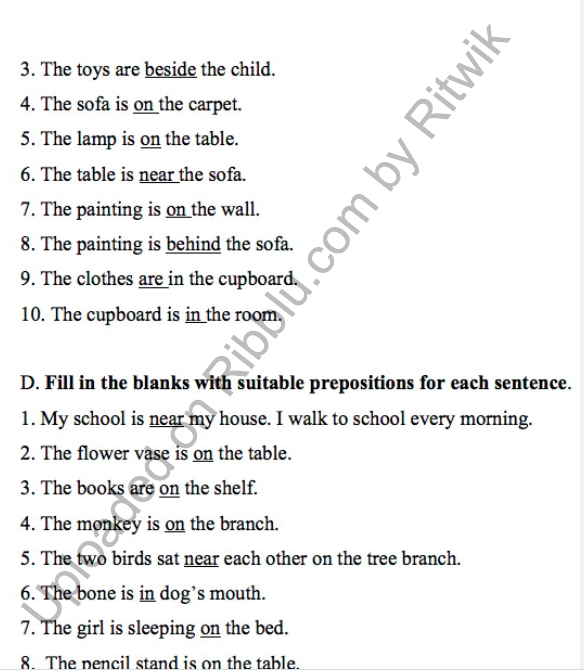 Prepositions Exercises for CBSE Class 3 in PDF format