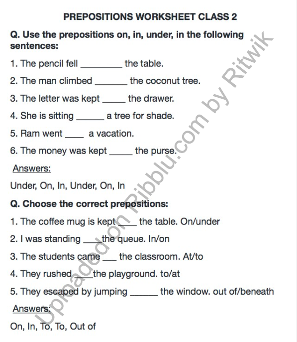 Prepositions Worksheet for CBSE Class 2 in PDF