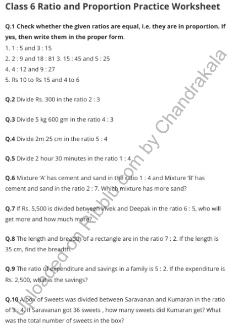 assignment on ratio and proportion class 6