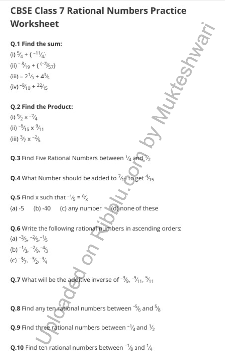 CBSE Class 7 Maths Rational Numbers Worksheets