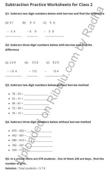 Subtraction Worksheets for CBSE Class 2 in PDF
