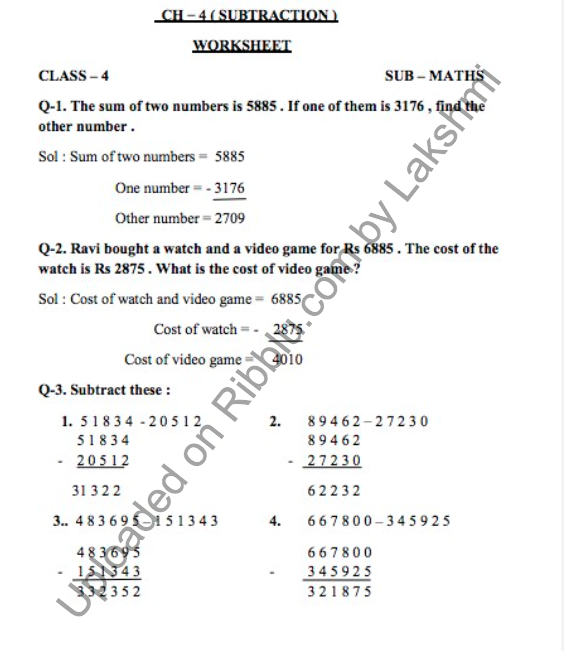 Subtraction Worksheets for CBSE Class 4 in PDF