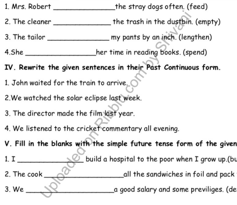 Tenses Worksheets for Class 4 in PDF Format