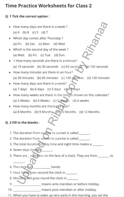 Time Worksheets for CBSE Class 2 in PDF