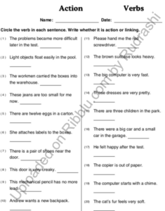 Verb Worksheets For CBSE Class 1