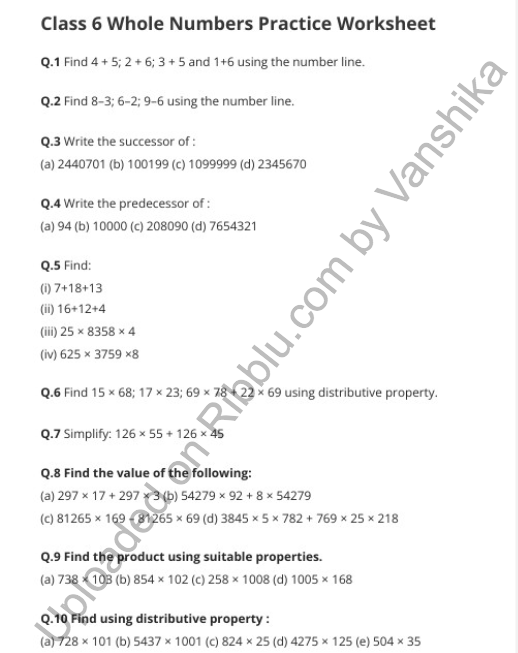Class 6 Maths Whole Numbers Worksheets