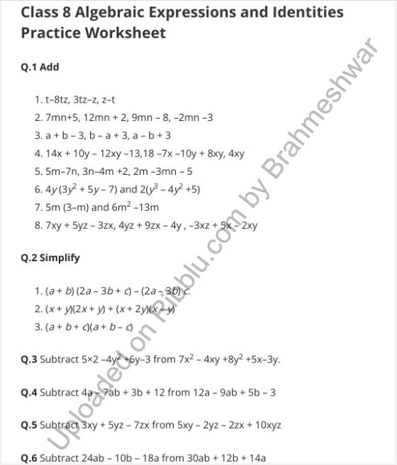 Algebraic Expressions And Identities Worksheets For Class 8